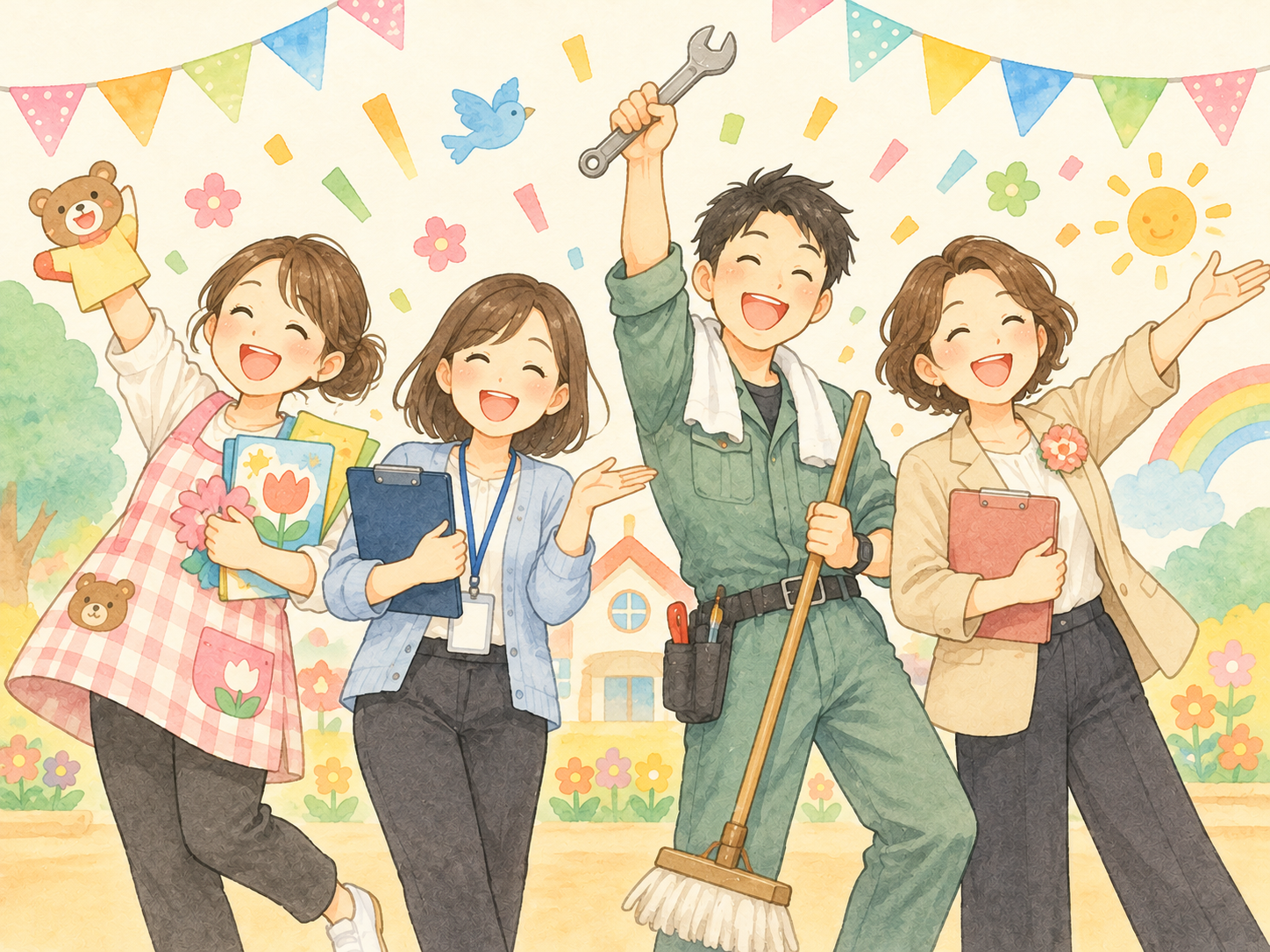 たかい丘こども園のさまざまな仕事をする職員たちのイラスト